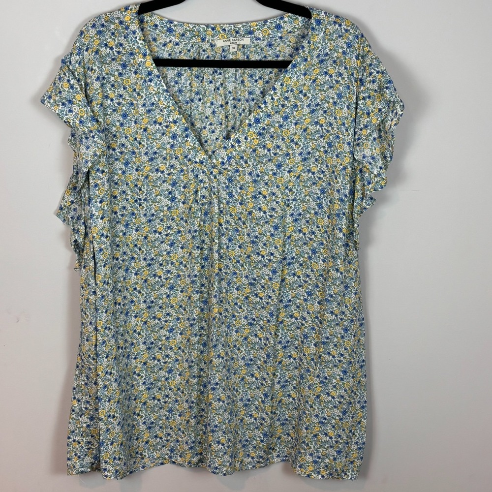 Anne Carson Womens Blue Floral Lightweight Flutter sleeve Top sz 3X Workwear